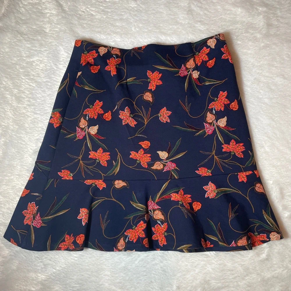 LOFT Navy Blue Tropical Floral Flounce Hem Mini Skirt XS NWT Cottagecore Preppy‎
